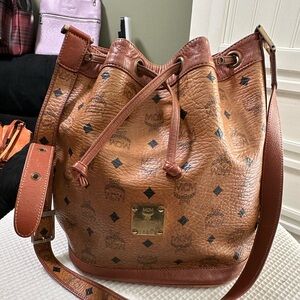 MCM Cognac Monogram Drawstring Bucket Shoulder Bag